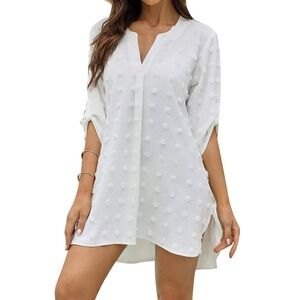 V-Neck Swiss Dot Swim Cover Up Womens One Size White Pom Pom Boho NWT